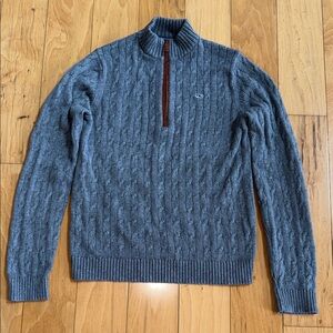 Vineyard Vines Gray Cable-Knit Half-Zip Sweater with Brown Zip Trim